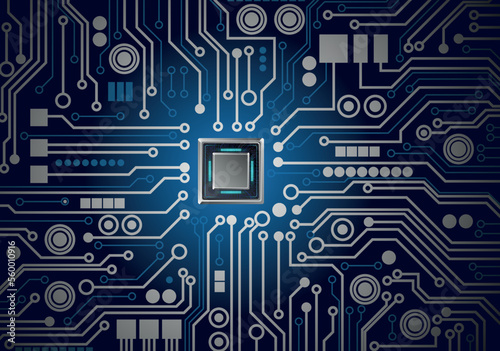 CPU Chip on Motherboard. Central Computer Processors CPU concept. Quantum computer, large data processing, database concept. Futuristic microchip processor. Digital chip.