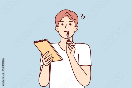Positive thoughtful man with notebook in hand puts pen to face while thinking about difficult task. Boy high school student preparing for exams or important olympics. Flat vector illustration