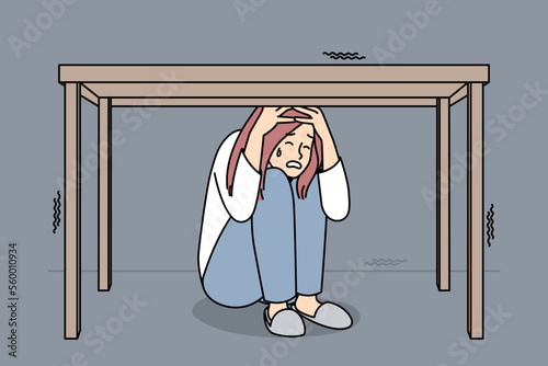 Unhappy woman feel scared and terrifies hide under table. Stressed female cry suffer from fear and panic attack. Vector illustration. 