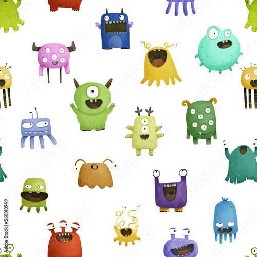 endless pattern with monsters, funny cartoon monsters, mutants, comoc childish illustration