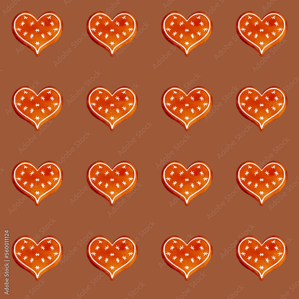 Hand drawn watercolor seamless pattern with Christmas gingerbread cookies, candies, heart Hand drawn watercolor seamless pattern with Christmas gingerbread cookies, candies, heart