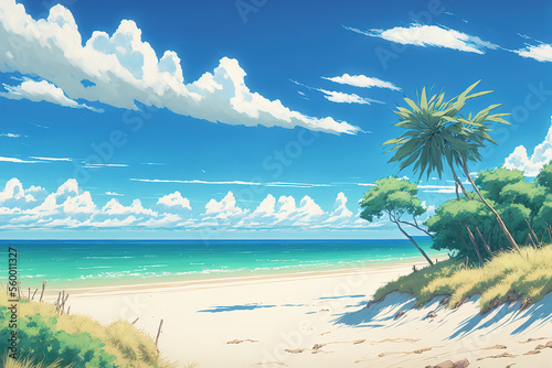 Deserted Anime Tropical Beach Background, Abstract Art, Digital Illustration, Generative AI © Badger
