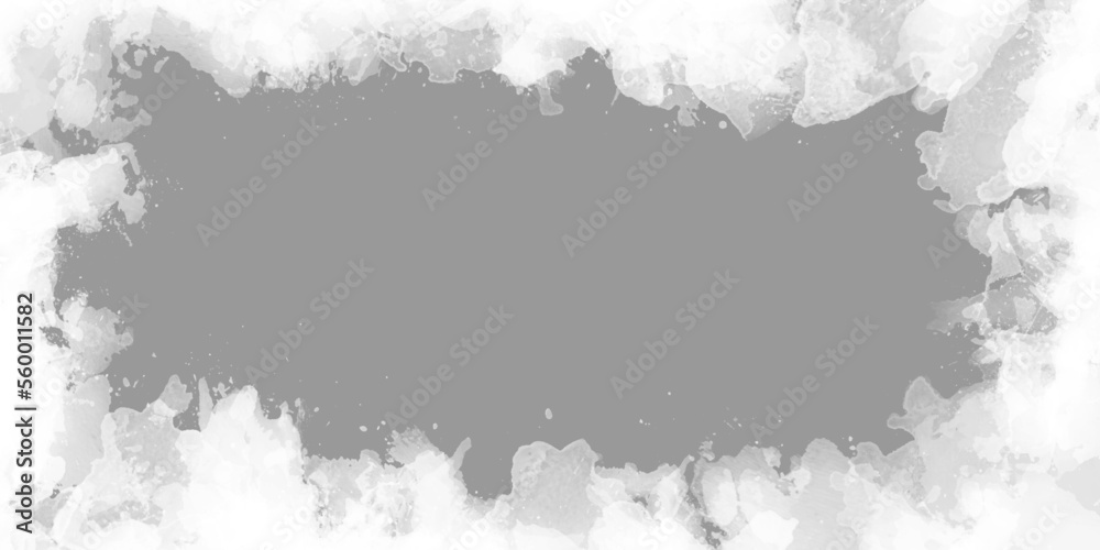 Beautiful border or frame shape white Watercolor chaotic texture with splashes, abstract white paint on black background, Watercolor white and light gray texture for any design and decoration.
