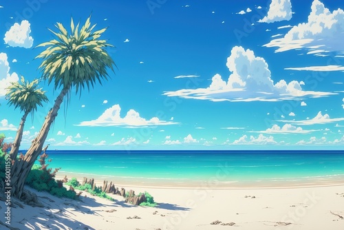 Deserted Anime Tropical Beach Background, Abstract Art, Digital Illustration, Generative AI