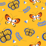 Butterflies and flower branches with foliage print