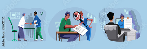 Hiring people. Interview with candidate for open vacancy. Hr managers searching employee. Set of characters. Employment of workers