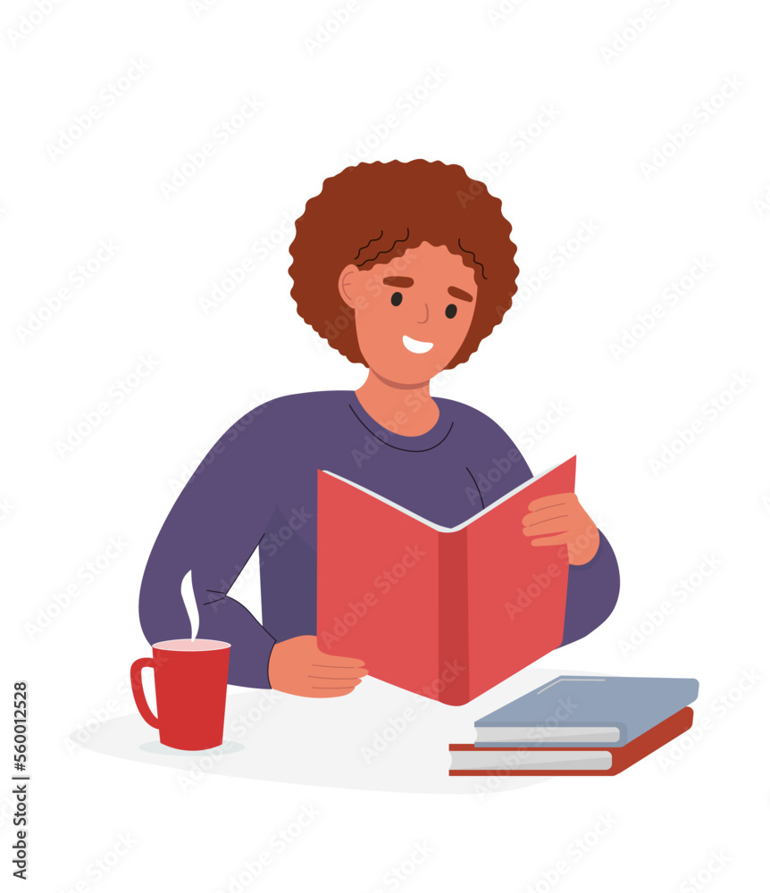 The girl is reading a book, teaching, preparing for exams. The student is engaged. Vector graphics.