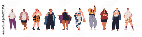 Body-positive plus-size people in fashion apparel set. Happy men, women with fat curvy bodies, wearing stylish clothes. Modern chubby characters. Flat vector illustrations isolated on white background