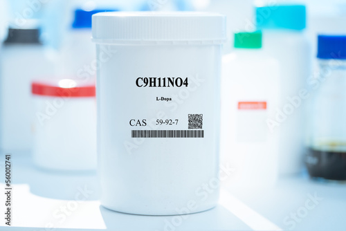 C9H11NO4 L-DOPA CAS 59-92-7 chemical substance in white plastic laboratory packaging
