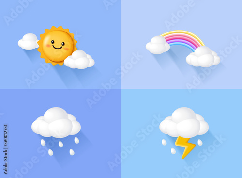 Weather icon 3d, Clouds weather with smiling face cute vector image.