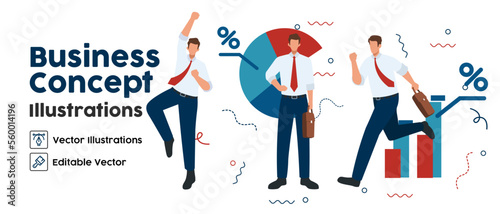 Business Concept illustrations. set Collection of scenes with men taking part in business analysis activities. Vector illustration