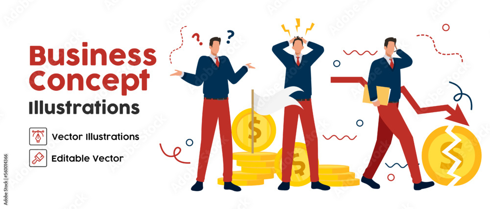 Business Concept illustrations. set Collection of scenes with men taking part in loss business activities. Vector illustration Business Concept illustrations. set Collection of scenes with men taking part in loss business activities. Vector illustration