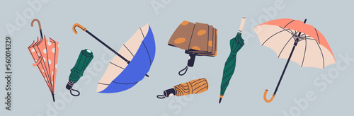 Umbrellas set, open and folded closed rain protection accessories. Automatic,...