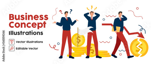 Business Concept illustrations. set Collection of scenes with men taking part in loss business activities. Vector illustration