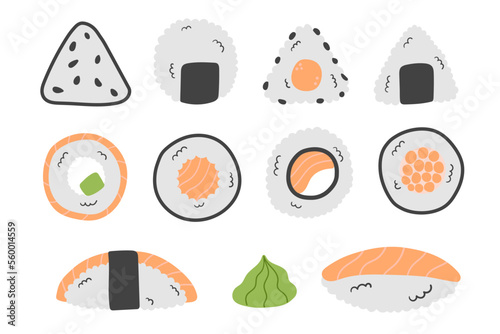 Flat doodle vector set of sushi, rolls, onigiri. Traditional Asian food on a white background.