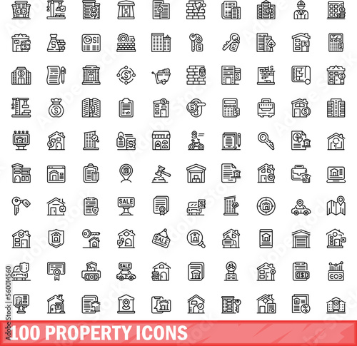 100 property icons set. Outline illustration of 100 property icons vector set isolated on white background