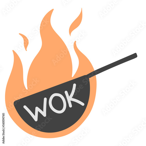 Wok frying pan with flame. icon in flat doodle style. Vector illustration. Wok, asian food, logo for cafe