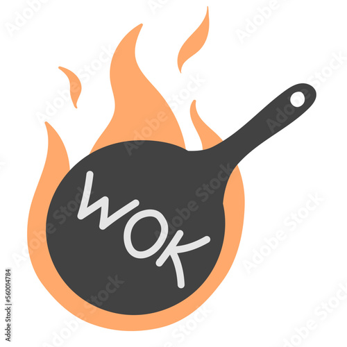 Wok frying pan with flame. icon in flat doodle style. Vector illustration. Wok, asian food, logo for cafe