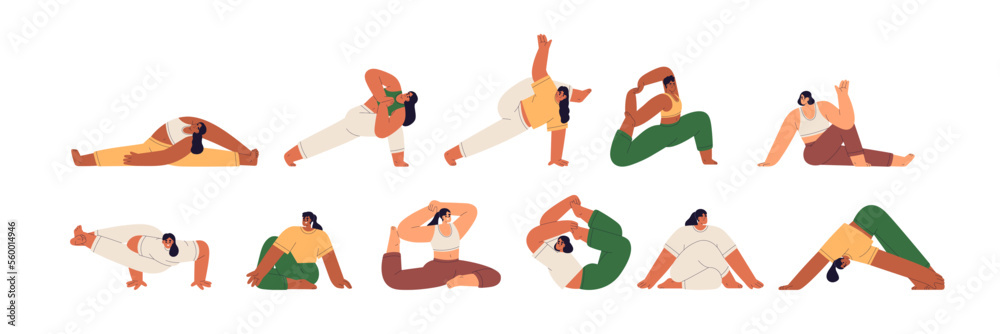 Yoga asanas set. Girls exercising in advanced poses, hard postures. Women stretching, balancing in different twisted body positions. Flat graphic vector illustrations isolated on white background Yoga asanas set. Girls exercising in advanced poses, hard postures. Women stretching, balancing in different twisted body positions. Flat graphic vector illustrations isolated on white background