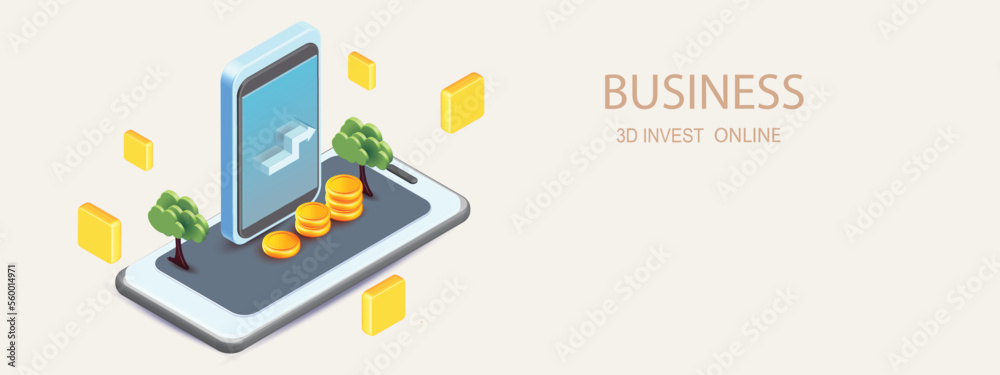 3D mobile phone funding business graph trading online vector render  style icon illustration coin growing business creative concept for finance, investment, notification banking save 