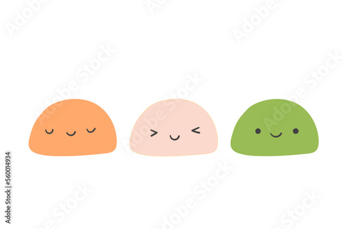 Traditional Japanese rice dessert Mochi characters isolated on white background.
