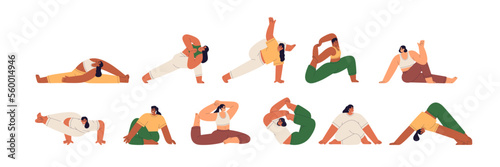 Fototapeta Naklejka Na Ścianę i Meble -  Yoga asanas set. Girls exercising in advanced poses, hard postures. Women stretching, balancing in different twisted body positions. Flat graphic vector illustrations isolated on white background