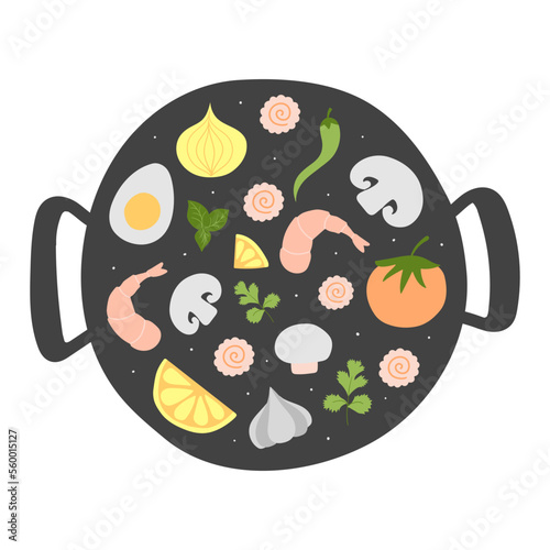 Ingredients for Wok pan. vector doodle flat asian wok symbols set. Vegetables with seafood for menu design.