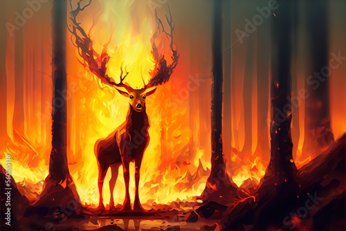 Deer in the burning forest