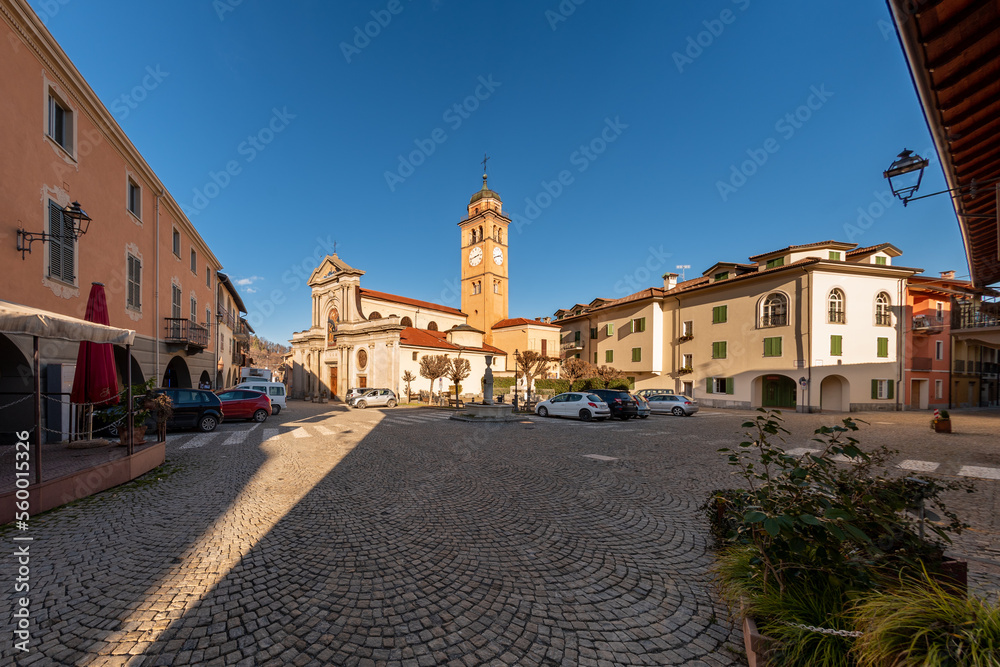 Peveragno; Cuneo; Italy - January 09; 2023: landscape of Piazza Santa Maria with the parish church of Santa Maria 