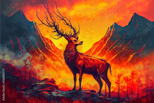 Deer in the burning forest