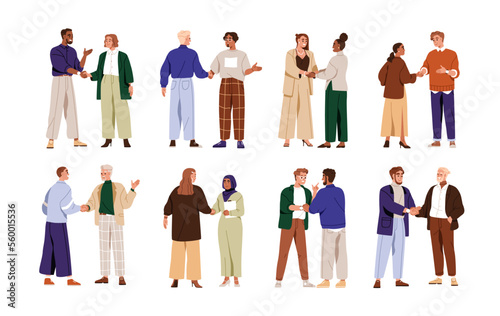 Business people shaking hands set. Agreement, trust, cooperation concept. Greeting gesture, handshake of businessmen, businesswomen. Flat graphic vector illustrations isolated on white background