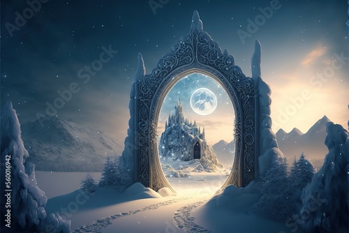 Wonderful gate and snowy road to frozen castle at night AI