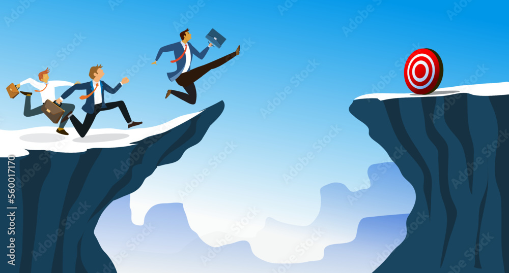 Group businessman running and jumping through on the gap of hill to target .business success concept