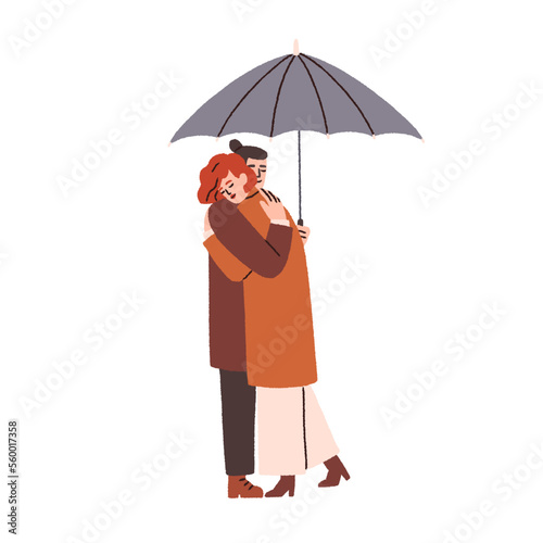 Love couple hugging under umbrella. Romantic date of young woman and man in rainy weather. Girl and guy embracing with tenderness. Flat graphic vector illustration isolated on white background