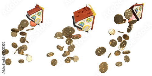 3D template isolated on white on the theme of rising real estate prices. The building takes off on a stream of crumbling Czech crown coins. House prices grew.