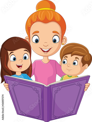 Cartoon mother reading a story book with her children