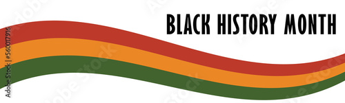 Black History Month text lettering logo. Horizontal banner design with Pan African flag with red, yellow, green stripes. Vector illustration isolated on white background.
