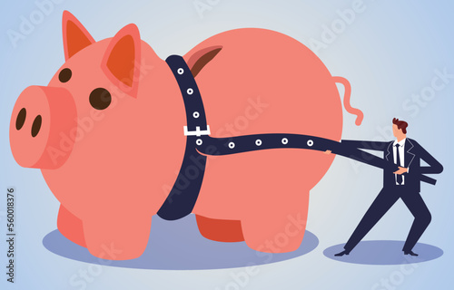 Reduced economy or income, reduced interest or profit gains, belt-tightening life, reduced budgets and expenses, low-cost investments, inflation or debt crisis, businessmen tightening the leather belt