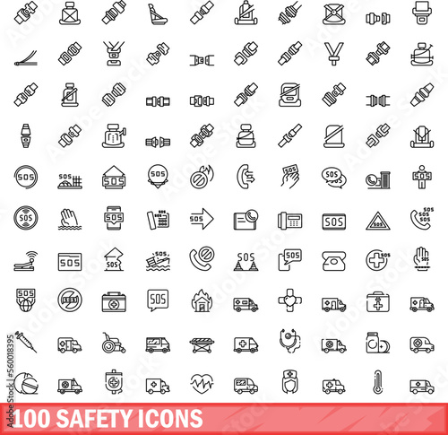100 safety icons set. Outline illustration of 100 safety icons vector set isolated on white background
