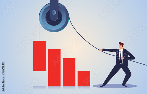 Businessmen use the pulley to pull up the business bar chart to grow business or profits, increase or improve marketing