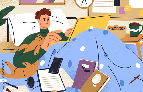 Busy remote worker lying in bed with laptop. Work overload concept. Man workaholic working 27/7 at home bedroom. Overworked business character, freelancer at computer. Flat vector illustration photo