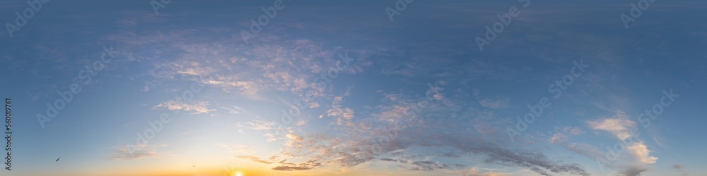 Dark blue sunset sky panorama with pink Cirrus clouds. Seamless hdr 360 panorama in spherical equirectangular format. Full zenith for 3D visualization, sky replacement for aerial drone panoramas.