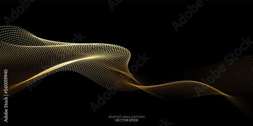 Flowing dot particles wave pattern gold gradient light isolated on black background. Vector in concept of luxury, AI technology, science, music.