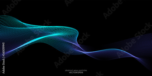 Flowing dot particles wave pattern blue and green gradient light isolated on black background. Vector in concept of AI technology, science, music.