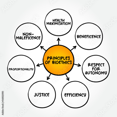 Principles of Bioethics (study of ethical, social, and legal issues that arise in biomedicine and biomedical research) mind map text concept background