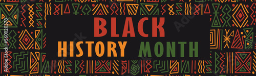 Black History Month text lettering logo. Horizontal banner design with African ethnic tribal clash ornament pattern background Vector illustration. African American heritage.
