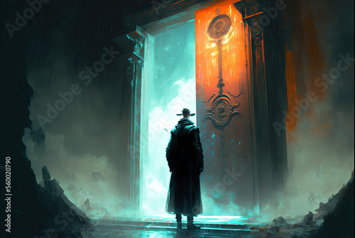 painting of a man standing in front of a mystical door Generative AI