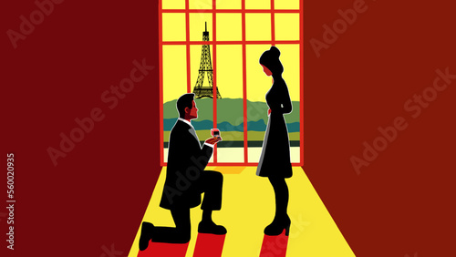 Mann kniet vor einer Frau. Er hält eine Ring Box und fragt ob sie ihn heiraten will. Verlobung eines Paares in Paris, der Stadt der Liebe. Der Eiffelturm ist im Hintergrund zu sehen. Vektorillustratio
