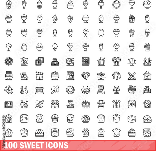 100 sweet icons set. Outline illustration of 100 sweet icons vector set isolated on white background