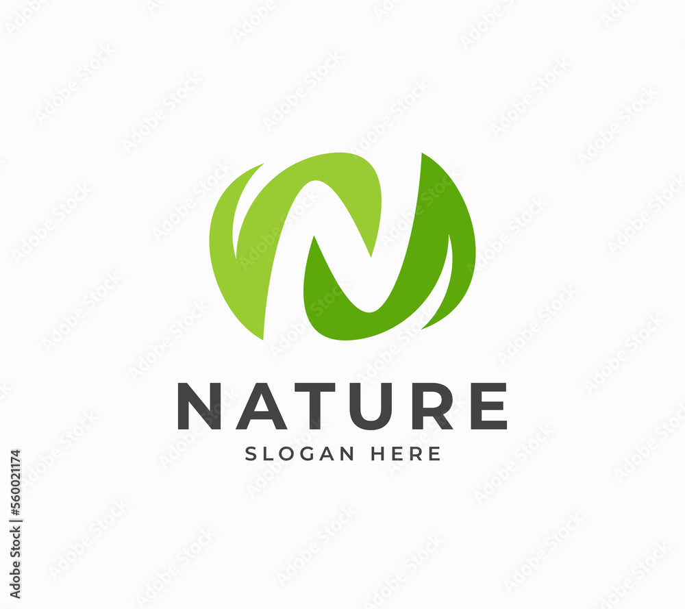 Letter N symbol nature green fresh leaf  negative space creative vector logo design